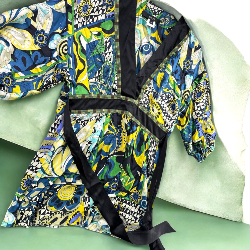 Vintage Single Blouse Women P Multicolor Psychedelic Abstract Silk Tie Waist Top